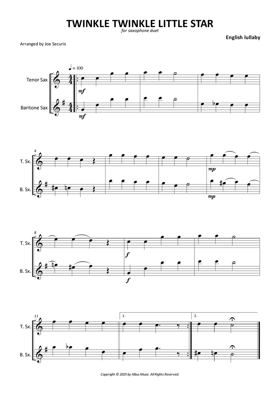 Twinkle Twinkle Little Star Tenor Saxophone scores gallery preview page 1