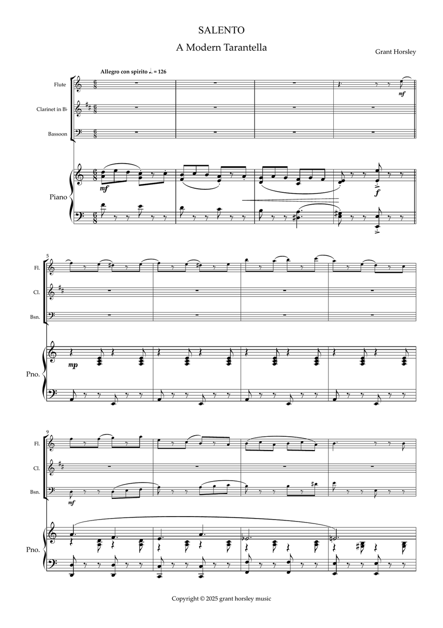 Salento. A Modern Tarantella for Wind Trio and Piano. (Flute, Clarinet, Bassoon and Piano) Small Ensemble scores gallery preview page 2