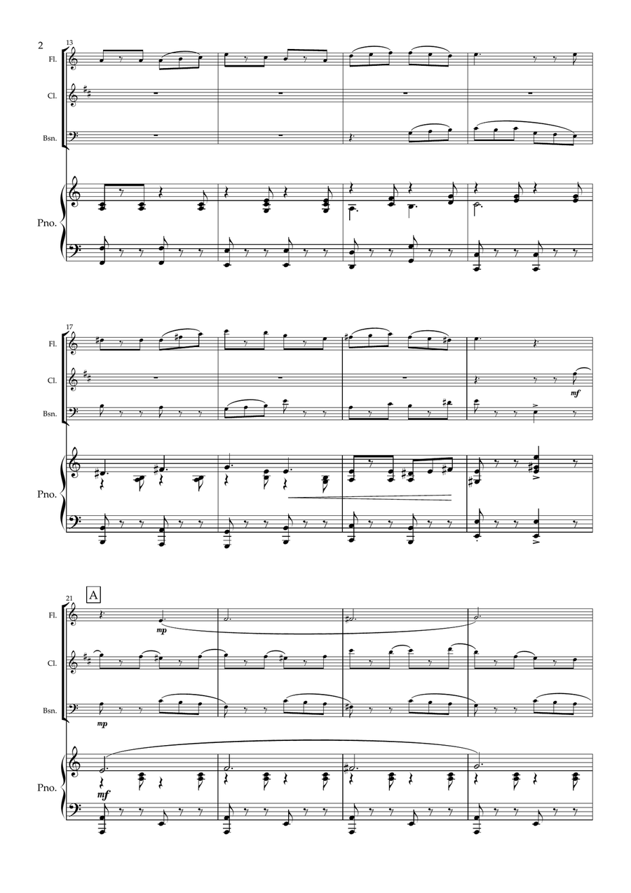 Salento. A Modern Tarantella for Wind Trio and Piano. (Flute, Clarinet, Bassoon and Piano) Small Ensemble scores gallery preview page 3
