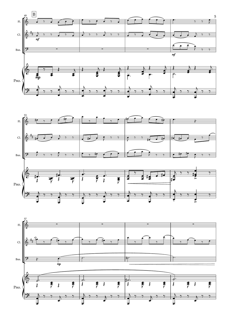 Salento. A Modern Tarantella for Wind Trio and Piano. (Flute, Clarinet, Bassoon and Piano) Small Ensemble scores gallery preview page 6