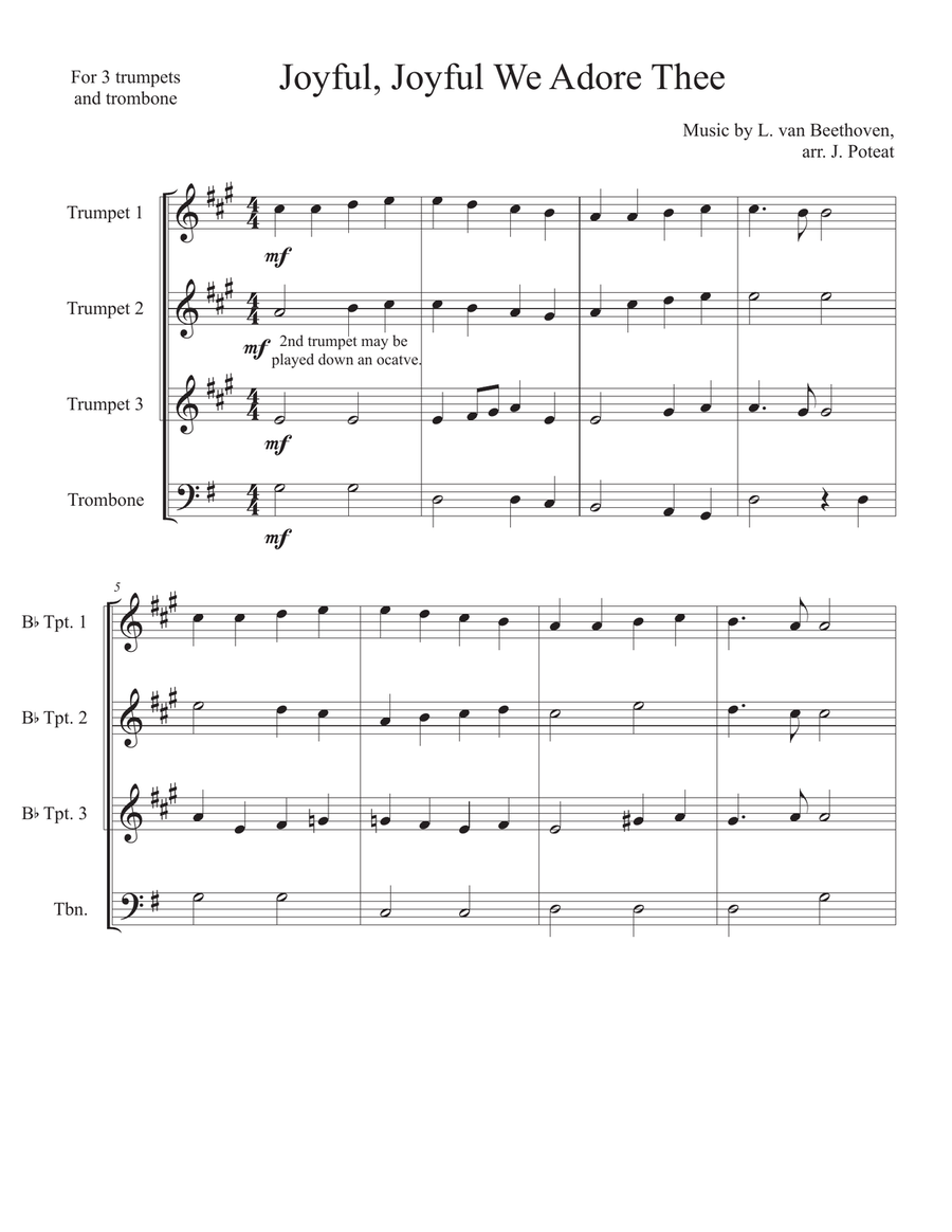 Joyful, Joyful We Adore Thee - Score Only Brass Quartet scores gallery preview page 1