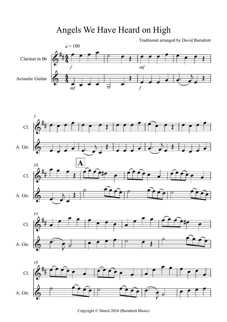 Angels We Have Heard on High for Clarinet and Guitar B-Flat Clarinet scores gallery preview page 1