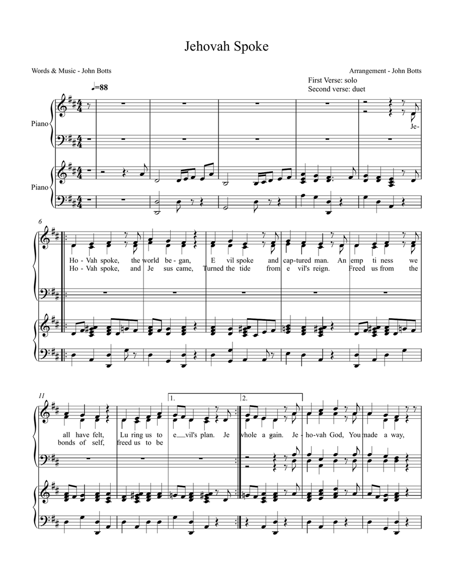 Jehovah Spoke Jehovah Spoke Piano, Vocal scores gallery preview page 1