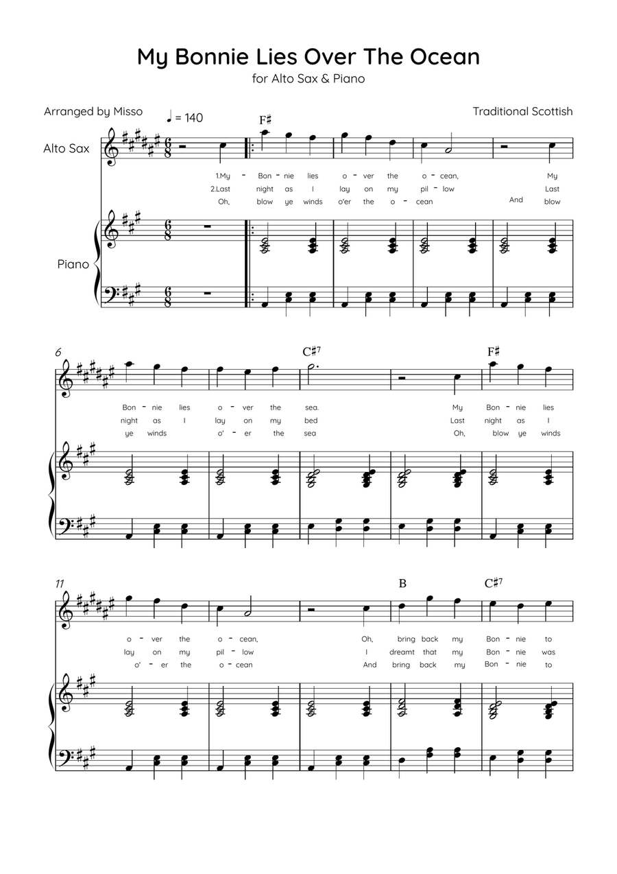 My Bonnie Lies Over The Ocean - Alto Sax & Piano in A Major Easy With Lyrics & Chords Alto Saxophone scores gallery preview page 1
