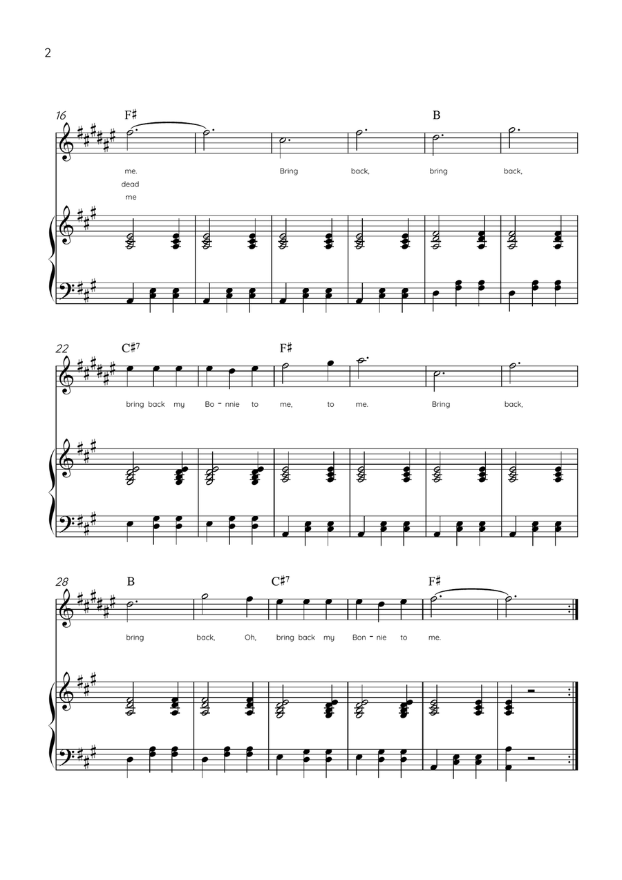 My Bonnie Lies Over The Ocean - Alto Sax & Piano in A Major Easy With Lyrics & Chords Alto Saxophone scores gallery preview page 2