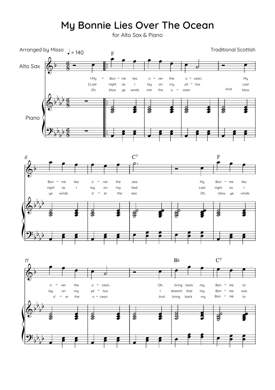 My Bonnie Lies Over The Ocean - Alto Sax & Piano in Ab Major Easy With Lyrics & Chords Alto Saxophone scores gallery preview page 1