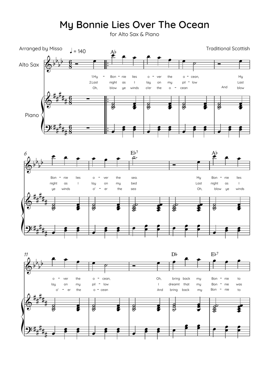 My Bonnie Lies Over The Ocean - Alto Sax & Piano in B Major Easy With Lyrics & Chords Alto Saxophone scores gallery preview page 1