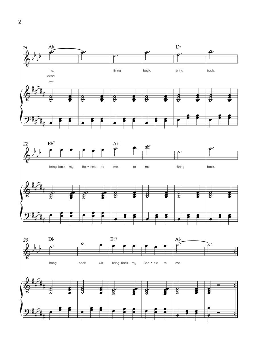 My Bonnie Lies Over The Ocean - Alto Sax & Piano in B Major Easy With Lyrics & Chords Alto Saxophone scores gallery preview page 2