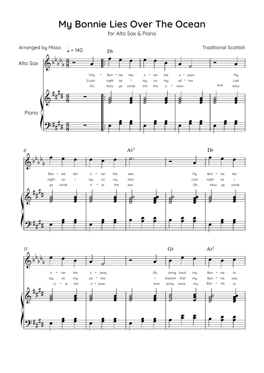 My Bonnie Lies Over The Ocean - Alto Sax & Piano in E Major Easy With Lyrics & Chords Alto Saxophone scores gallery preview page 1