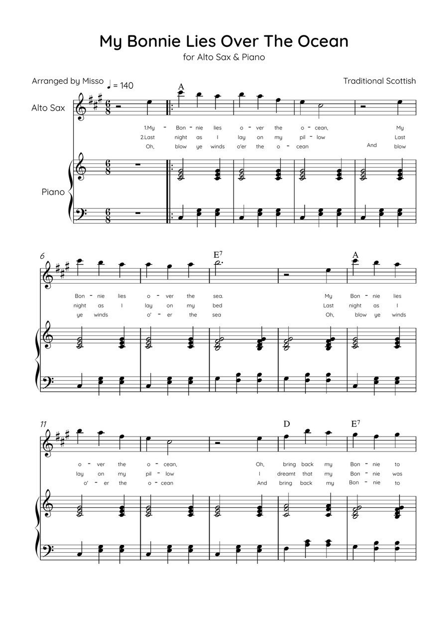 My Bonnie Lies Over The Ocean - Alto Sax & Piano in C Major Easy With Lyrics & Chords Alto Saxophone scores gallery preview page 1