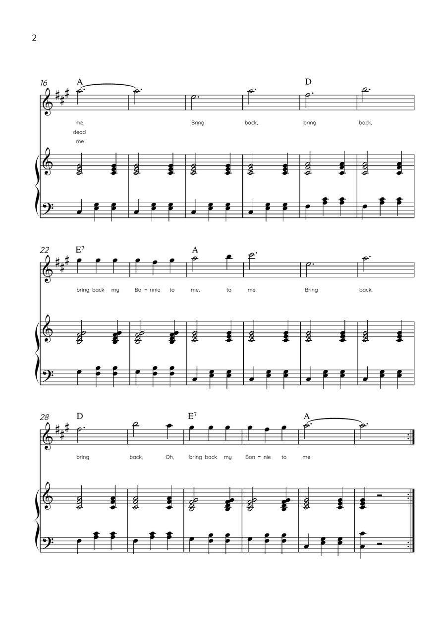 My Bonnie Lies Over The Ocean - Alto Sax & Piano in C Major Easy With Lyrics & Chords Alto Saxophone scores gallery preview page 2