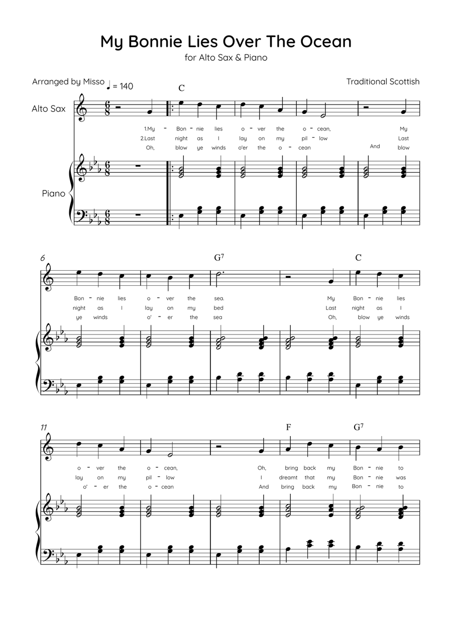 My Bonnie Lies Over The Ocean - Alto Sax & Piano in Eb Major Easy With Lyrics & Chords Alto Saxophone scores gallery preview page 1