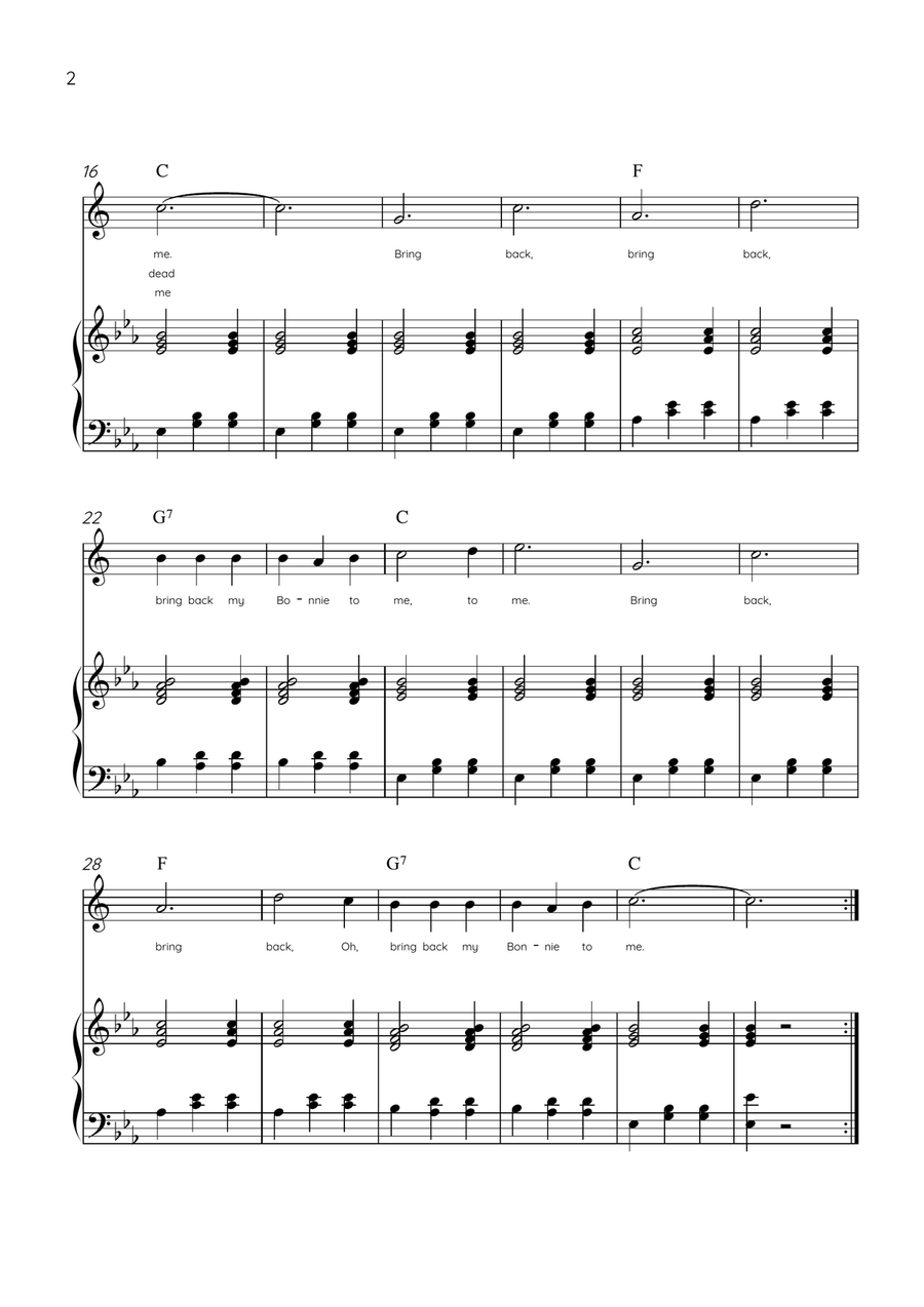 My Bonnie Lies Over The Ocean - Alto Sax & Piano in Eb Major Easy With Lyrics & Chords Alto Saxophone scores gallery preview page 2