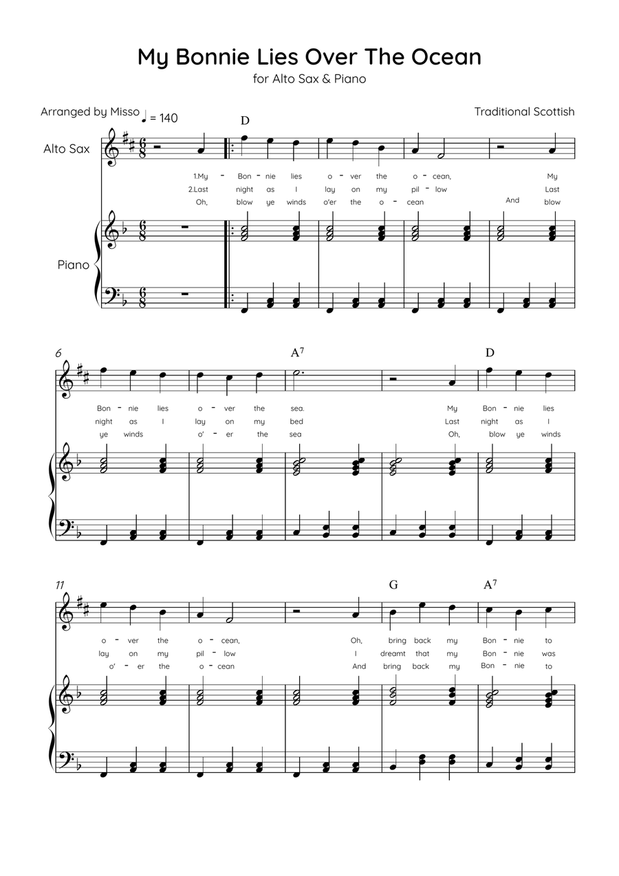 My Bonnie Lies Over The Ocean - Alto Sax & Piano in F Major Easy With Lyrics & Chords Alto Saxophone scores gallery preview page 1
