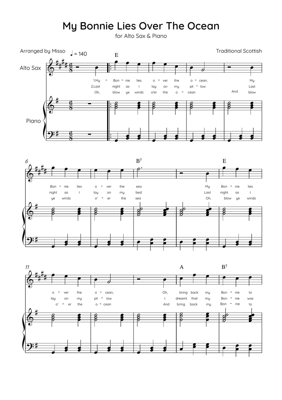My Bonnie Lies Over The Ocean - Alto Sax & Piano in G Major Easy With Lyrics & Chords Alto Saxophone scores gallery preview page 1