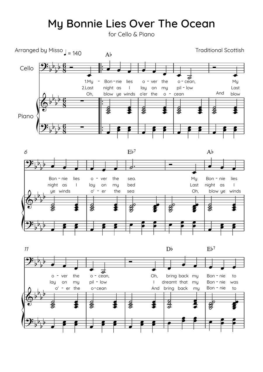 My Bonnie Lies Over The Ocean - Cello & Piano in Ab Major Easy With Lyrics & Chords Piano scores gallery preview page 1