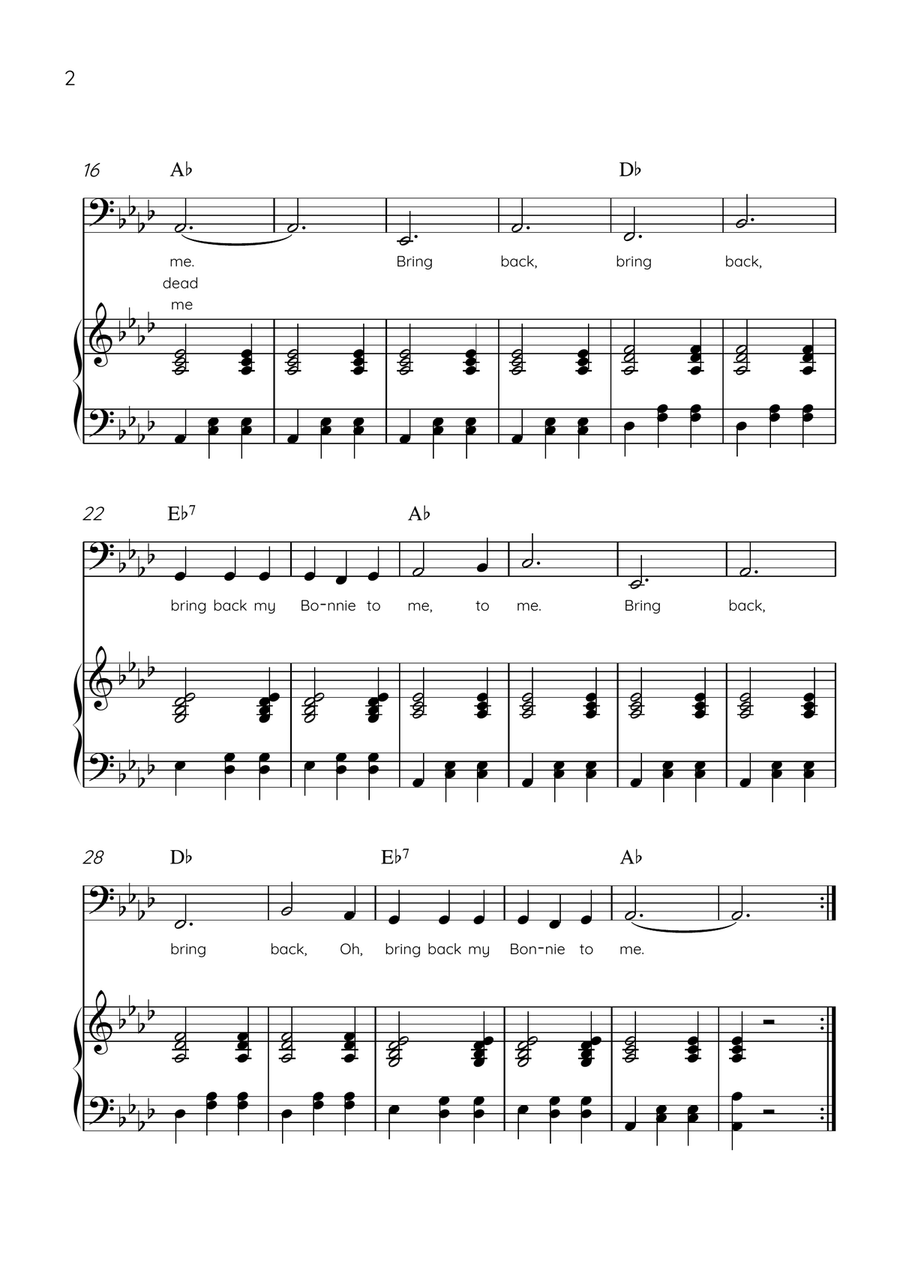My Bonnie Lies Over The Ocean - Cello & Piano in Ab Major Easy With Lyrics & Chords Piano scores gallery preview page 2
