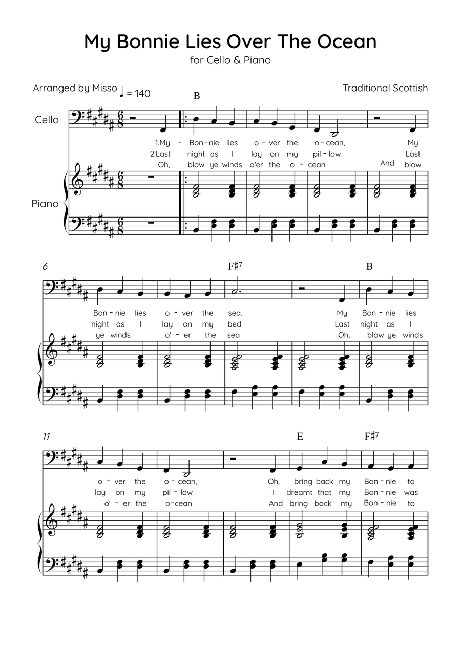 My Bonnie Lies Over The Ocean - Cello & Piano in B Major Easy With Lyrics & Chords Piano scores gallery preview page 1