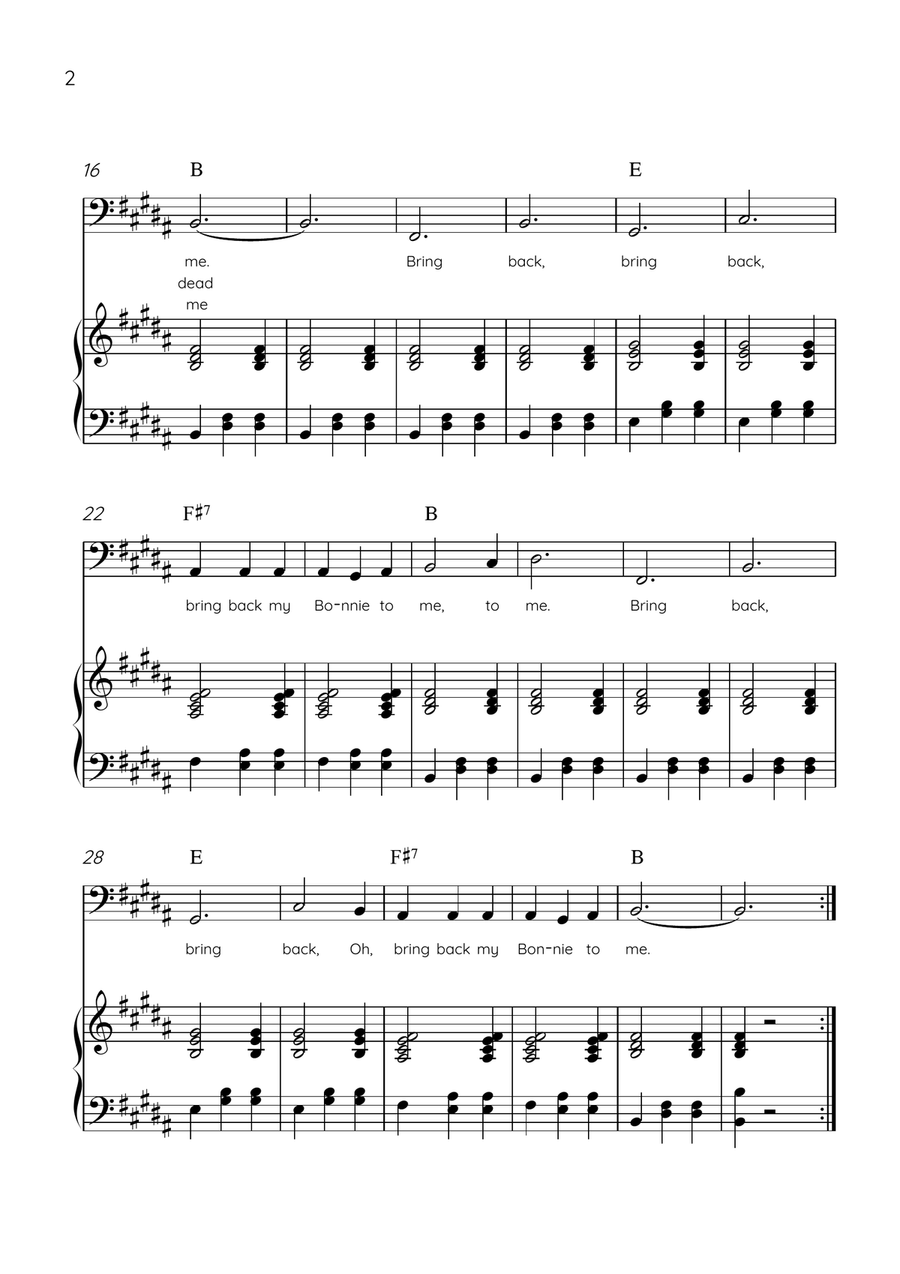 My Bonnie Lies Over The Ocean - Cello & Piano in B Major Easy With Lyrics & Chords Piano scores gallery preview page 2