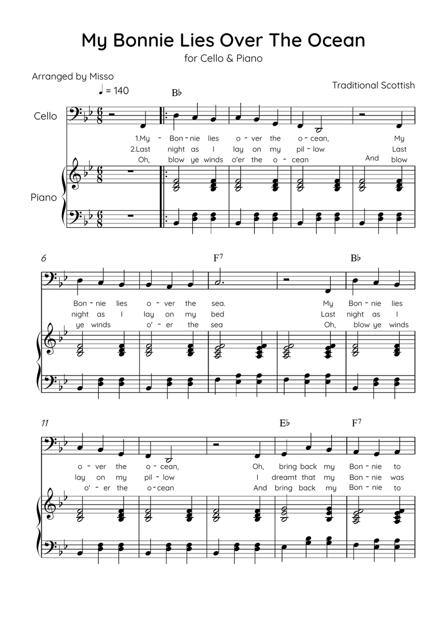My Bonnie Lies Over The Ocean - Cello & Piano in Bb Major Easy With Lyrics & Chords Piano scores gallery preview page 1