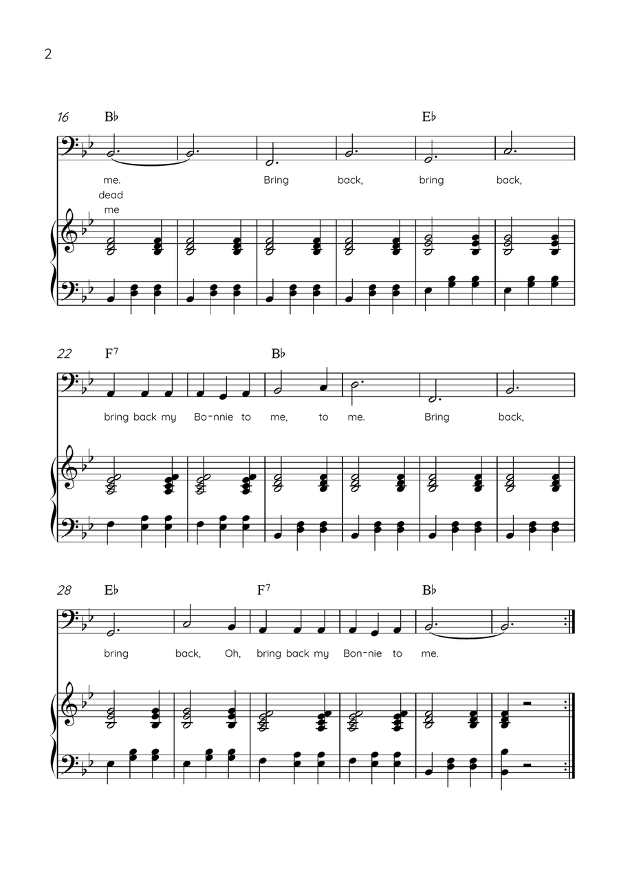 My Bonnie Lies Over The Ocean - Cello & Piano in Bb Major Easy With Lyrics & Chords Piano scores gallery preview page 2