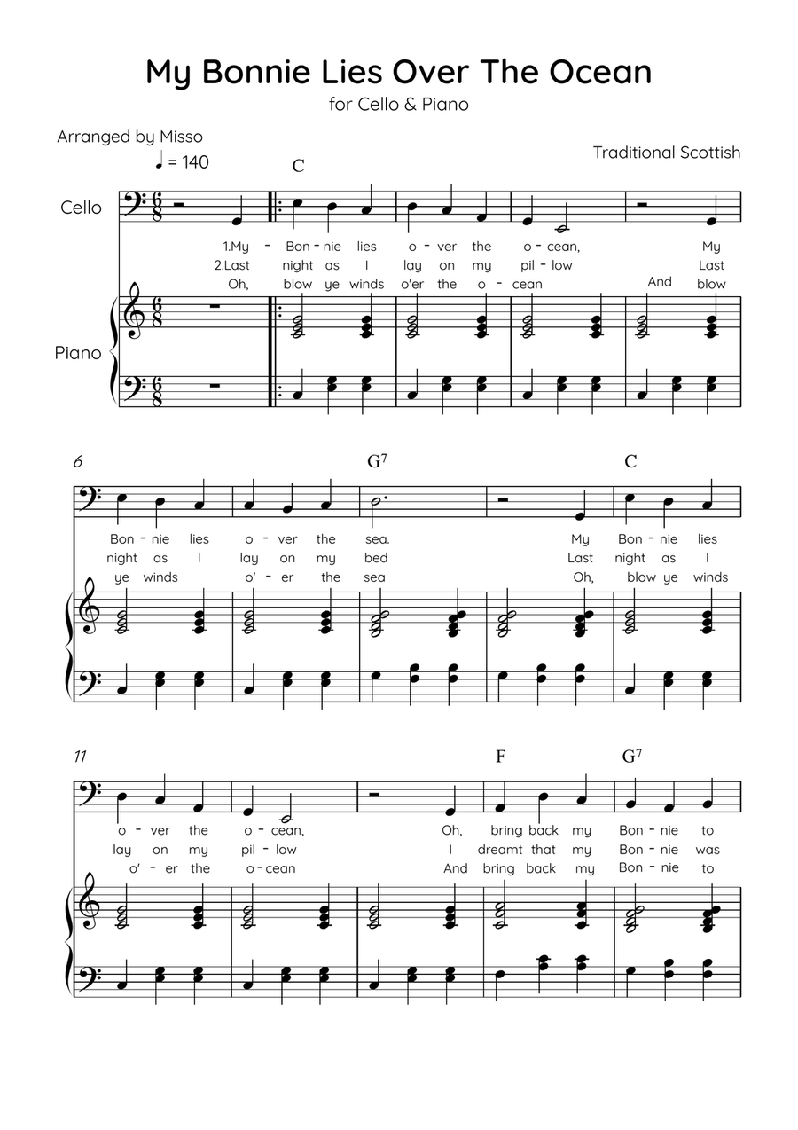 My Bonnie Lies Over The Ocean - Cello & Piano in C Major Easy With Lyrics & Chords Piano scores gallery preview page 1