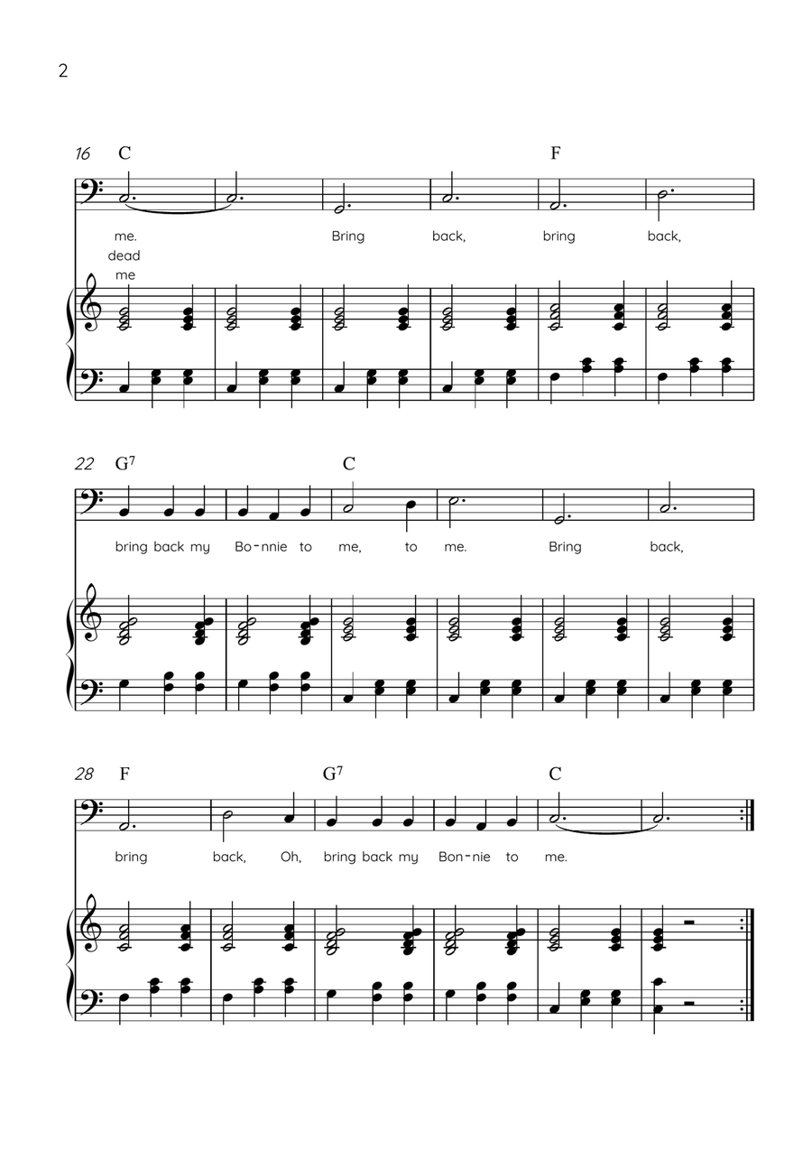 My Bonnie Lies Over The Ocean - Cello & Piano in C Major Easy With Lyrics & Chords Piano scores gallery preview page 2
