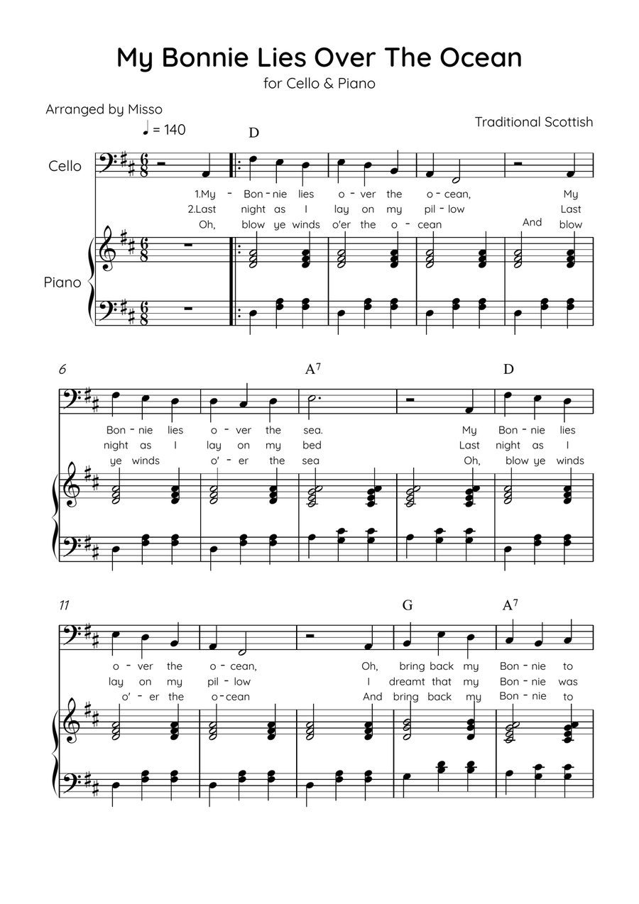 My Bonnie Lies Over The Ocean - Cello & Piano in D Major Easy With Lyrics & Chords Piano scores gallery preview page 1