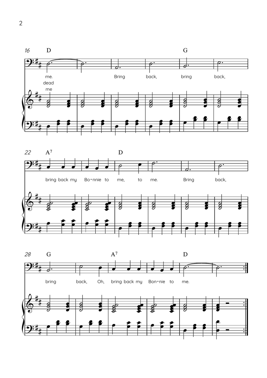 My Bonnie Lies Over The Ocean - Cello & Piano in D Major Easy With Lyrics & Chords Piano scores gallery preview page 2