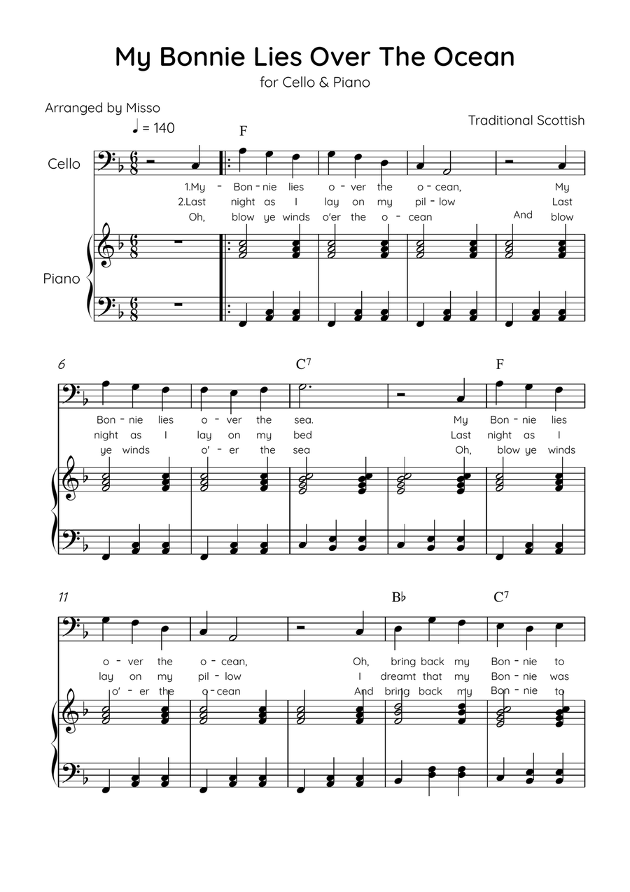 My Bonnie Lies Over The Ocean - Cello & Piano in F Major Easy With Lyrics & Chords Piano scores gallery preview page 1