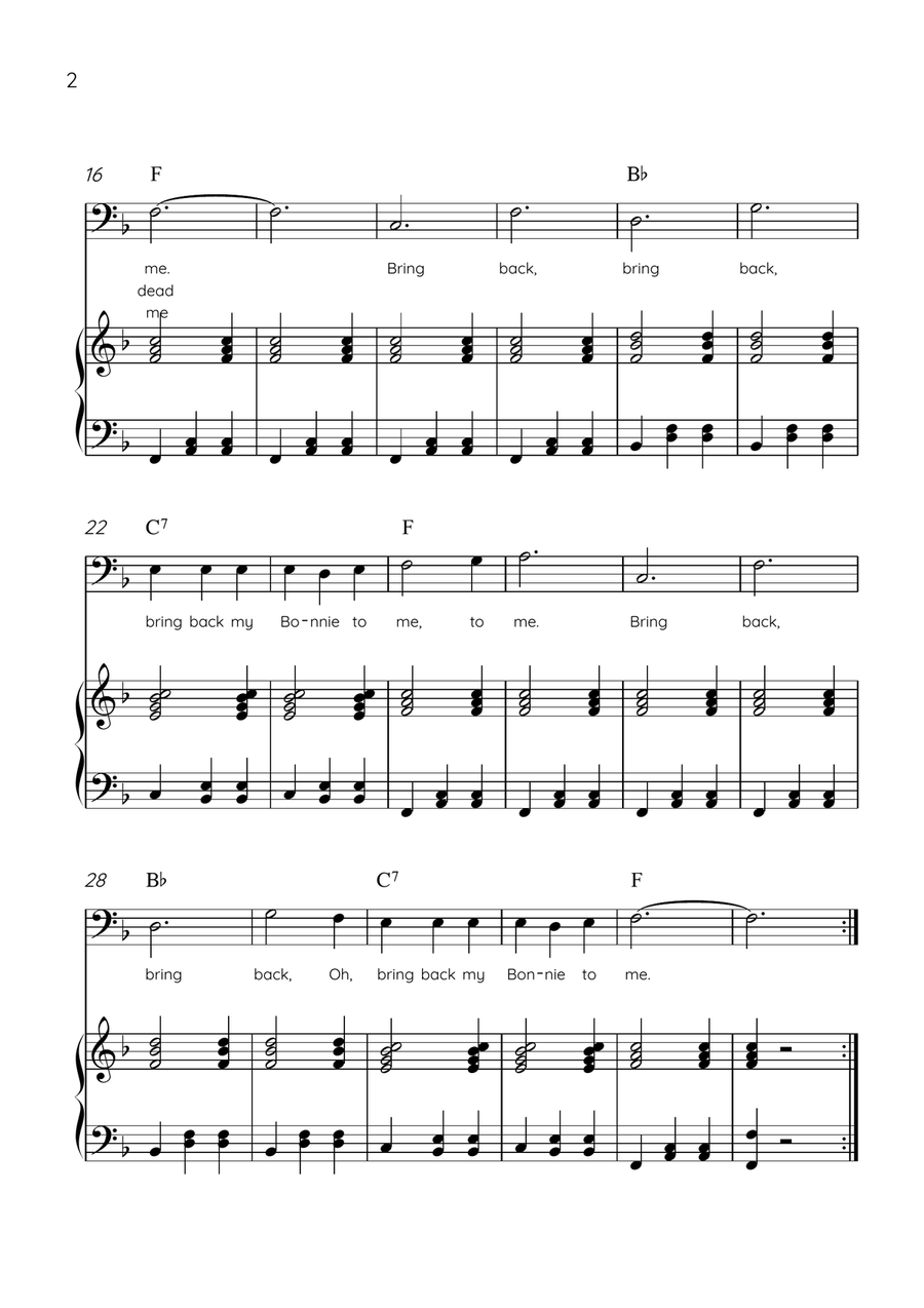 My Bonnie Lies Over The Ocean - Cello & Piano in F Major Easy With Lyrics & Chords Piano scores gallery preview page 2