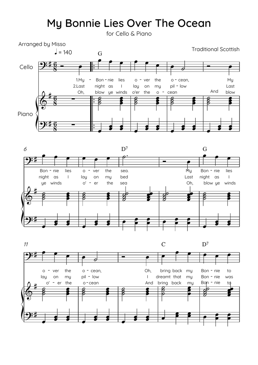 My Bonnie Lies Over The Ocean - Cello & Piano in G Major Easy With Lyrics & Chords Piano scores gallery preview page 1