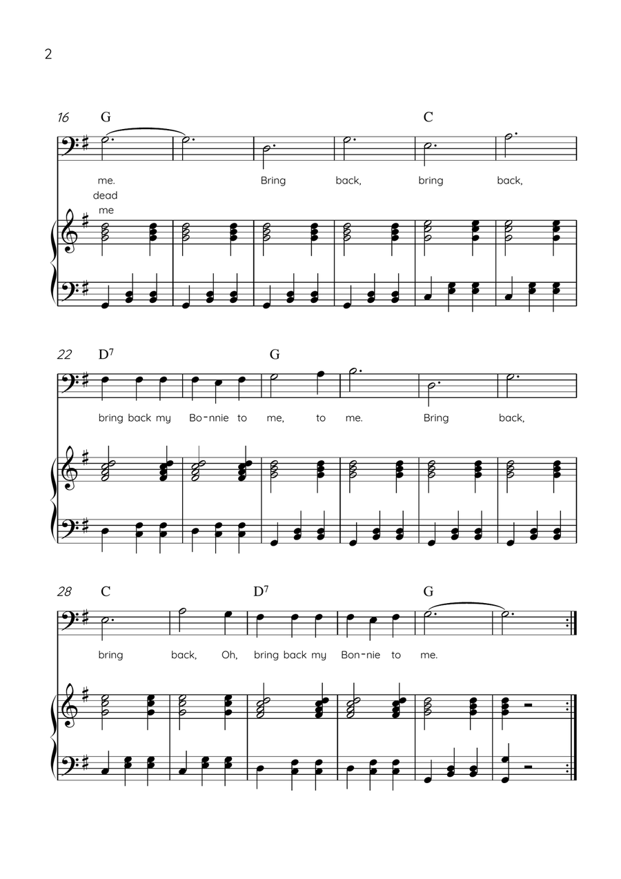 My Bonnie Lies Over The Ocean - Cello & Piano in G Major Easy With Lyrics & Chords Piano scores gallery preview page 2