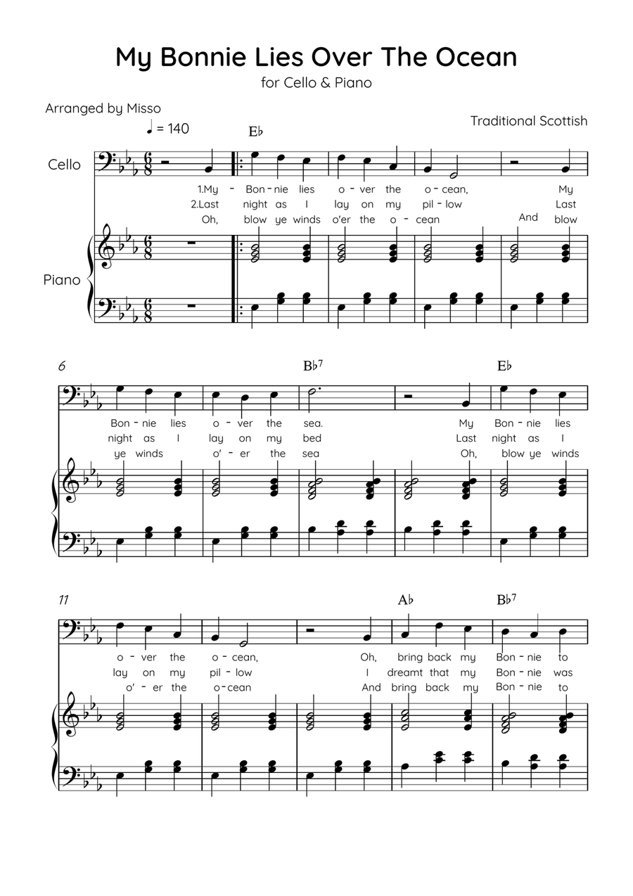 My Bonnie Lies Over The Ocean - Cello & Piano in Eb Major Easy With Lyrics & Chords Piano scores gallery preview page 1