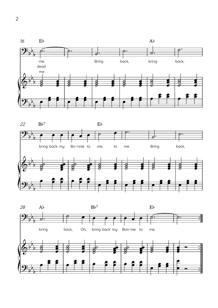 My Bonnie Lies Over The Ocean - Cello & Piano in Eb Major Easy With Lyrics & Chords Piano scores gallery preview page 2