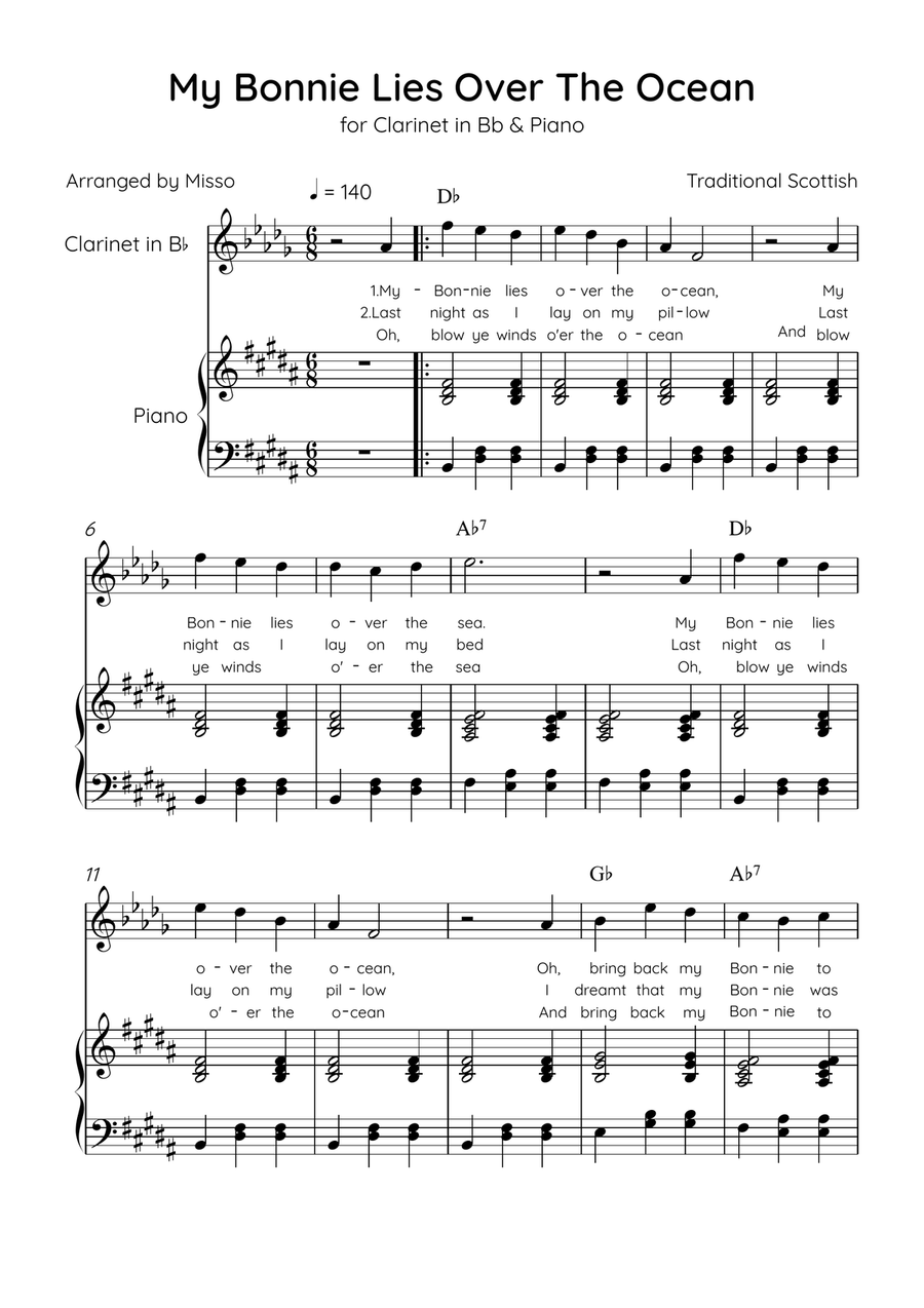 My Bonnie Lies Over The Ocean - Clarinet in Bb & Piano in B Major Easy With Lyrics & Chords B-Flat Clarinet scores gallery preview page 1