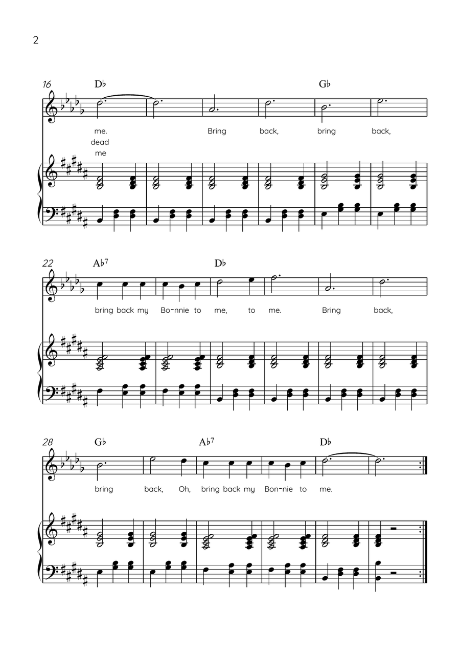 My Bonnie Lies Over The Ocean - Clarinet in Bb & Piano in B Major Easy With Lyrics & Chords B-Flat Clarinet scores gallery preview page 2