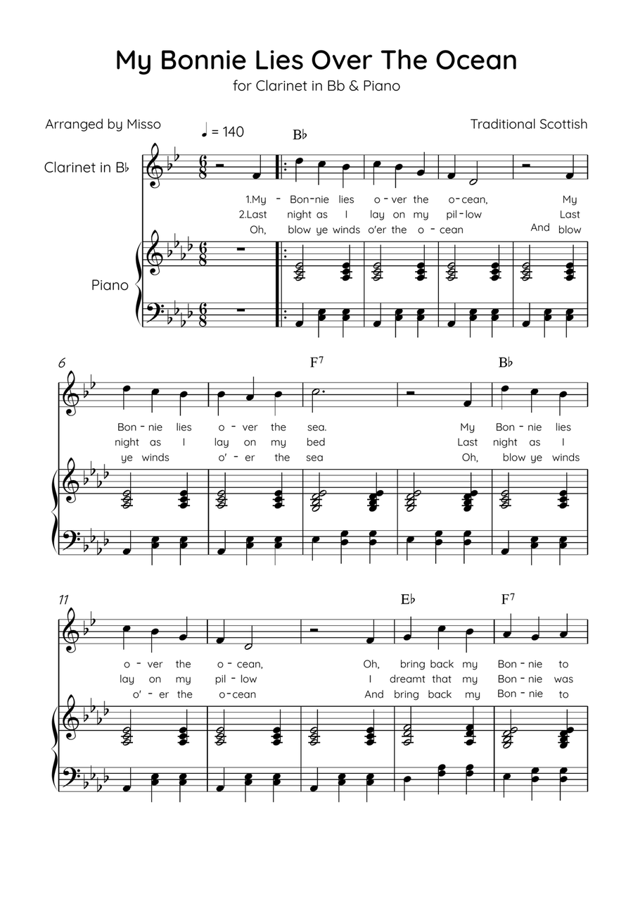 My Bonnie Lies Over The Ocean - Clarinet in Bb & Piano in Ab Major Easy With Lyrics & Chords B-Flat Clarinet scores gallery preview page 1