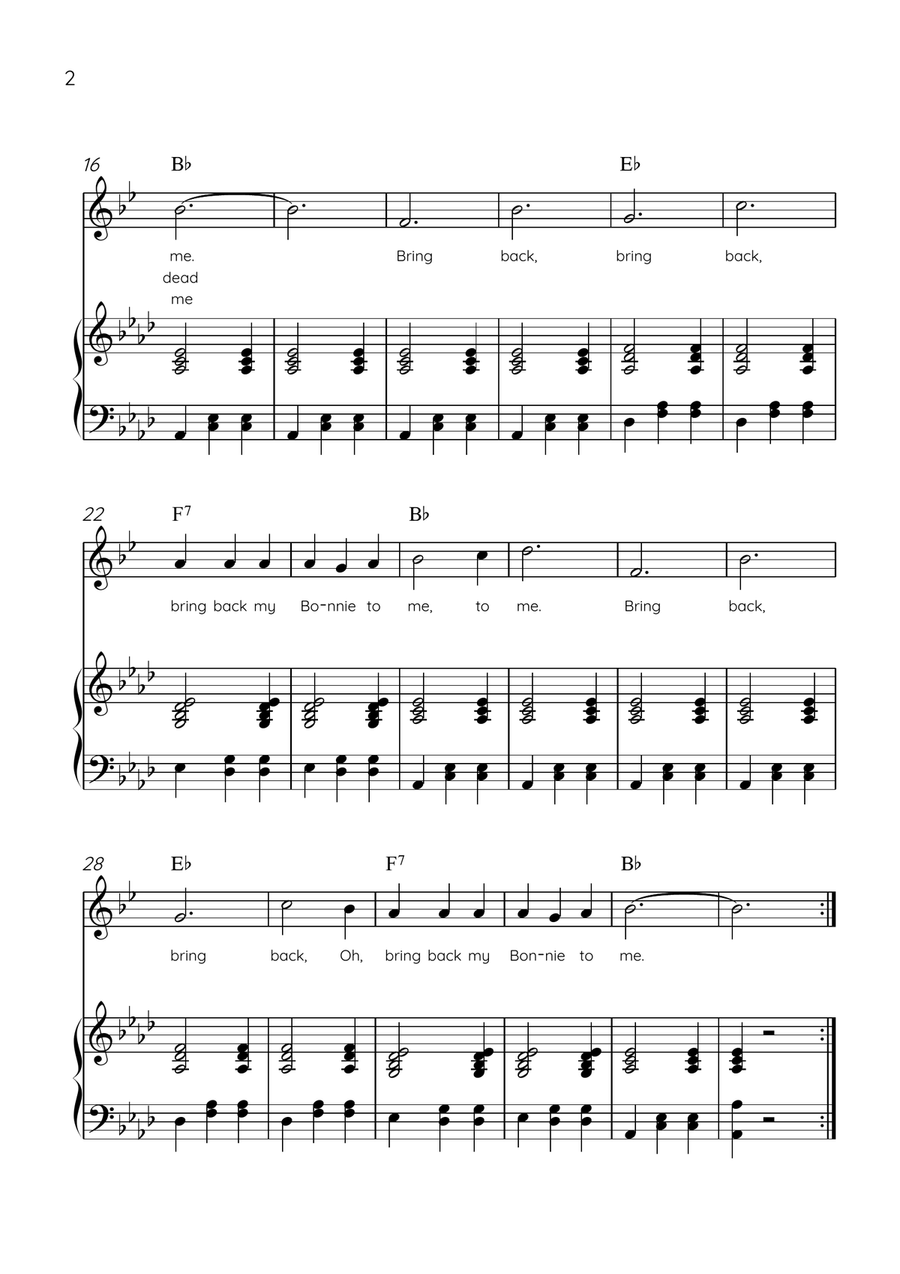 My Bonnie Lies Over The Ocean - Clarinet in Bb & Piano in Ab Major Easy With Lyrics & Chords B-Flat Clarinet scores gallery preview page 2