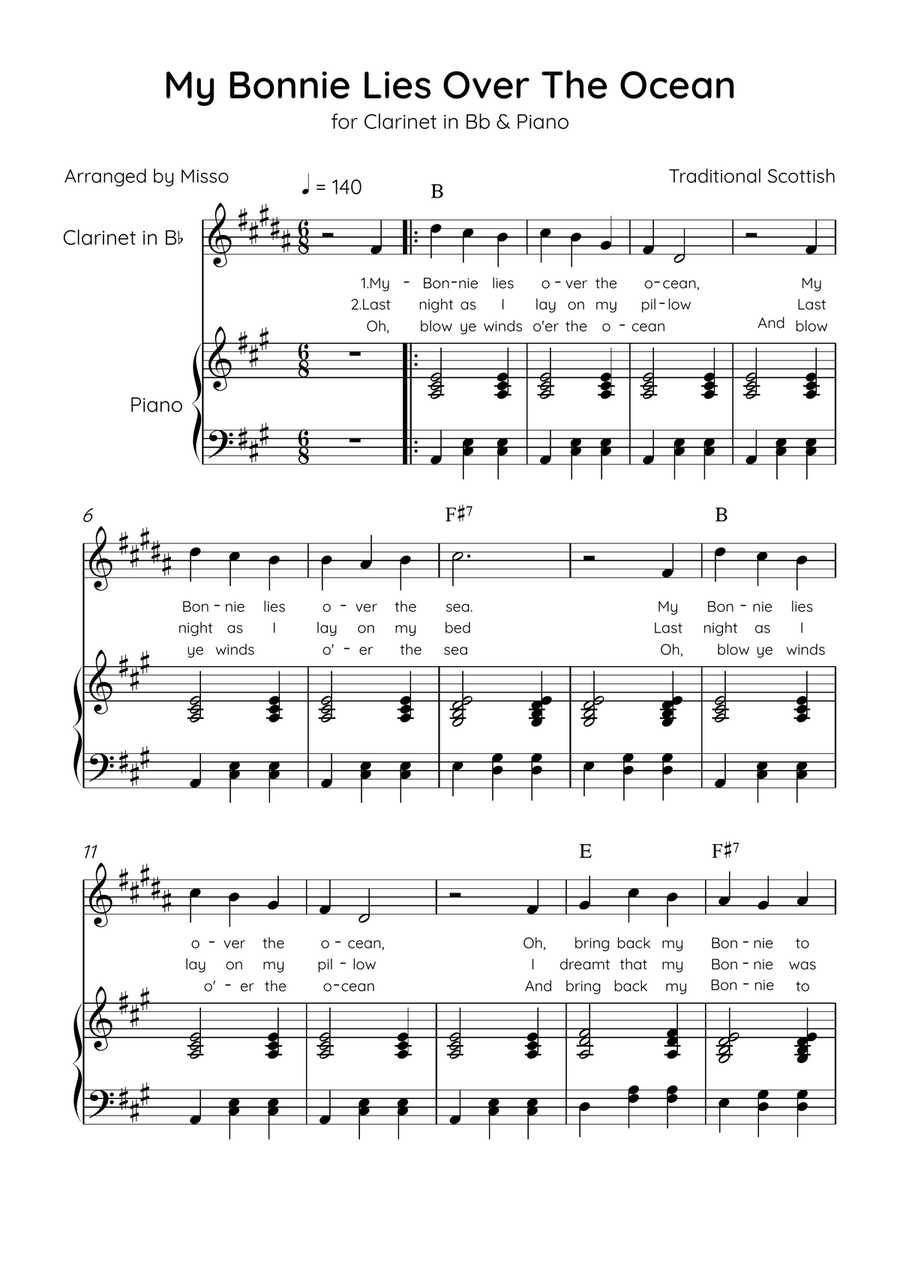 My Bonnie Lies Over The Ocean - Clarinet in Bb & Piano in A Major Easy With Lyrics & Chords B-Flat Clarinet scores gallery preview page 1