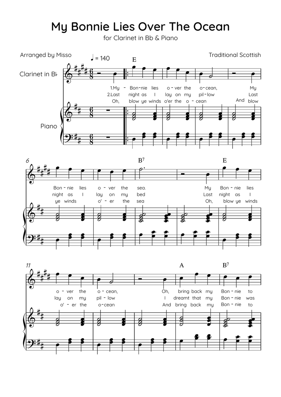 My Bonnie Lies Over The Ocean - Clarinet in Bb & Piano in D Major Easy With Lyrics & Chords B-Flat Clarinet scores gallery preview page 1