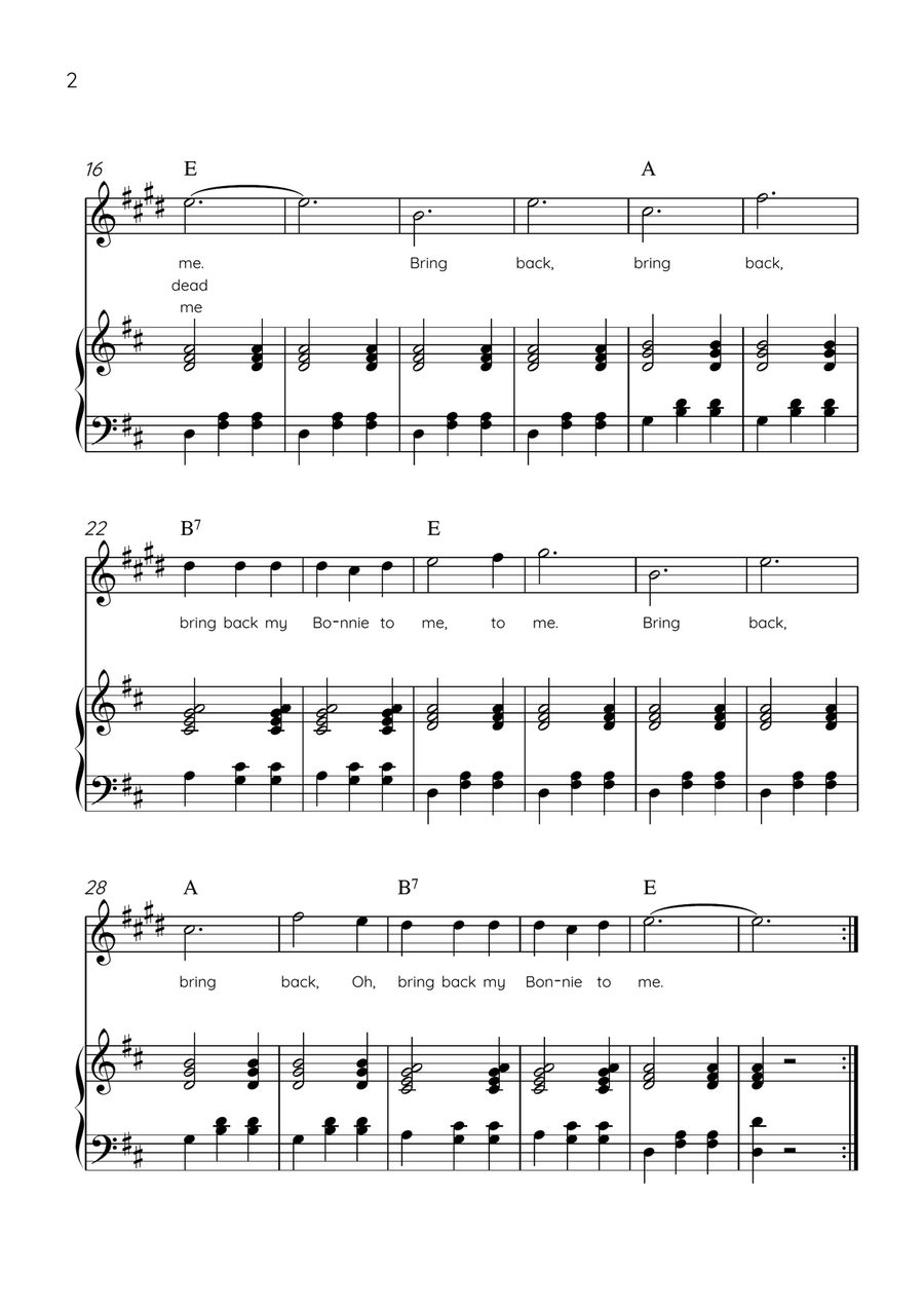 My Bonnie Lies Over The Ocean - Clarinet in Bb & Piano in D Major Easy With Lyrics & Chords B-Flat Clarinet scores gallery preview page 2