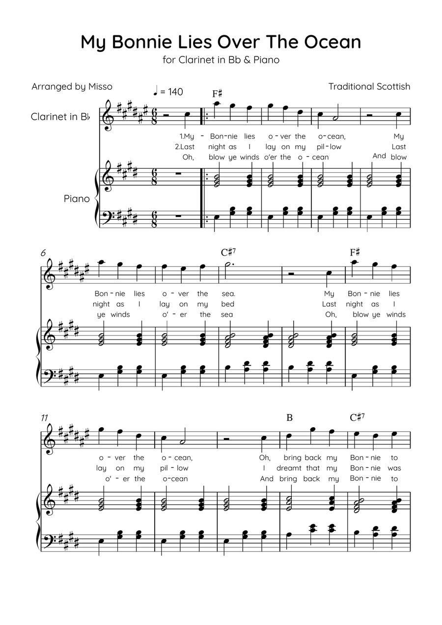 My Bonnie Lies Over The Ocean - Clarinet in Bb & Piano in E Major Easy With Lyrics & Chords B-Flat Clarinet scores gallery preview page 1