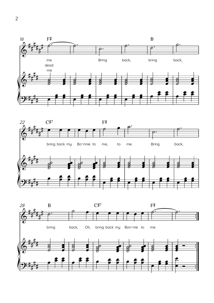 My Bonnie Lies Over The Ocean - Clarinet in Bb & Piano in E Major Easy With Lyrics & Chords B-Flat Clarinet scores gallery preview page 2