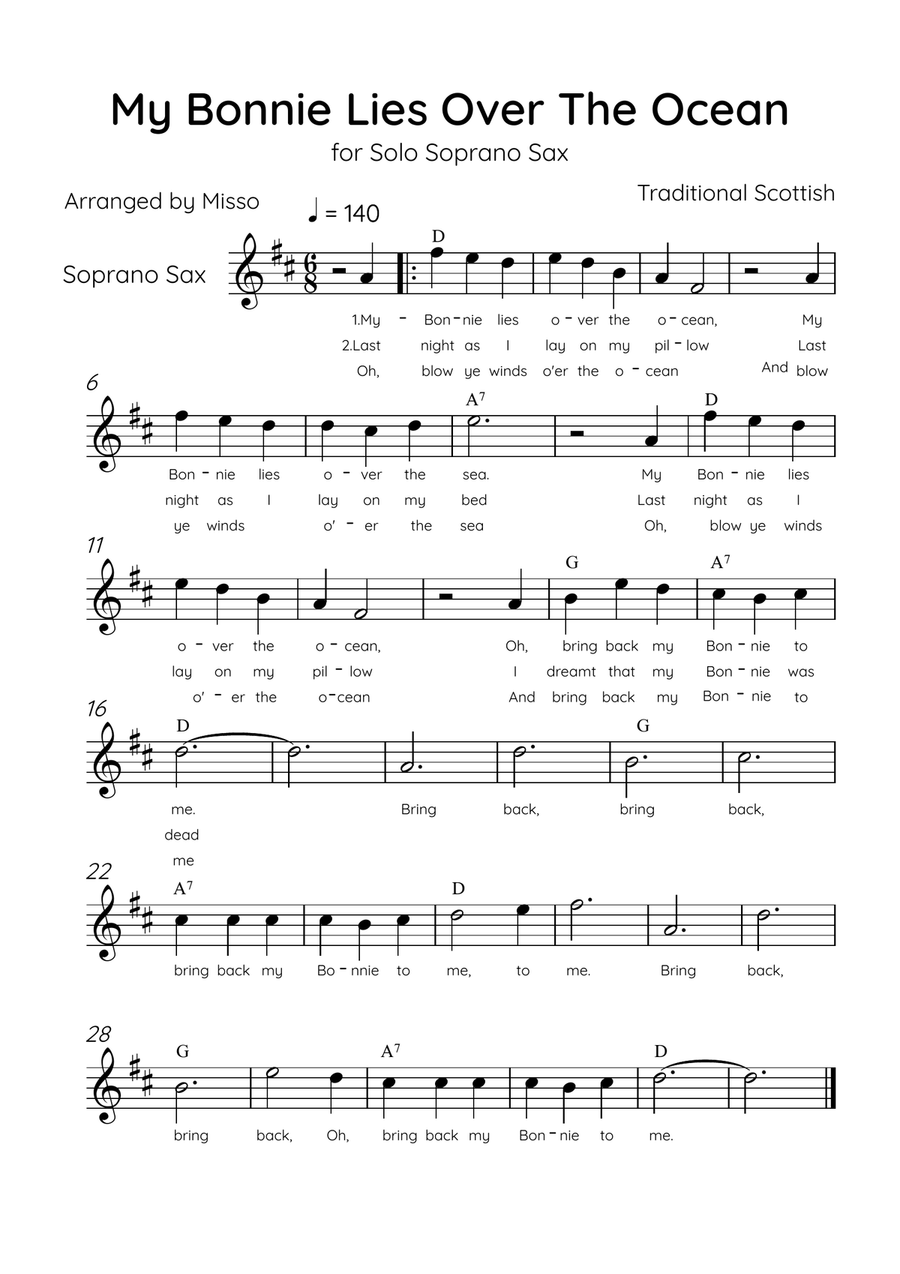 My Bonnie Lies Over The Ocean - Solo Soprano Sax in C Major Easy With Lyrics & Chords Soprano Saxophone scores gallery preview page 1