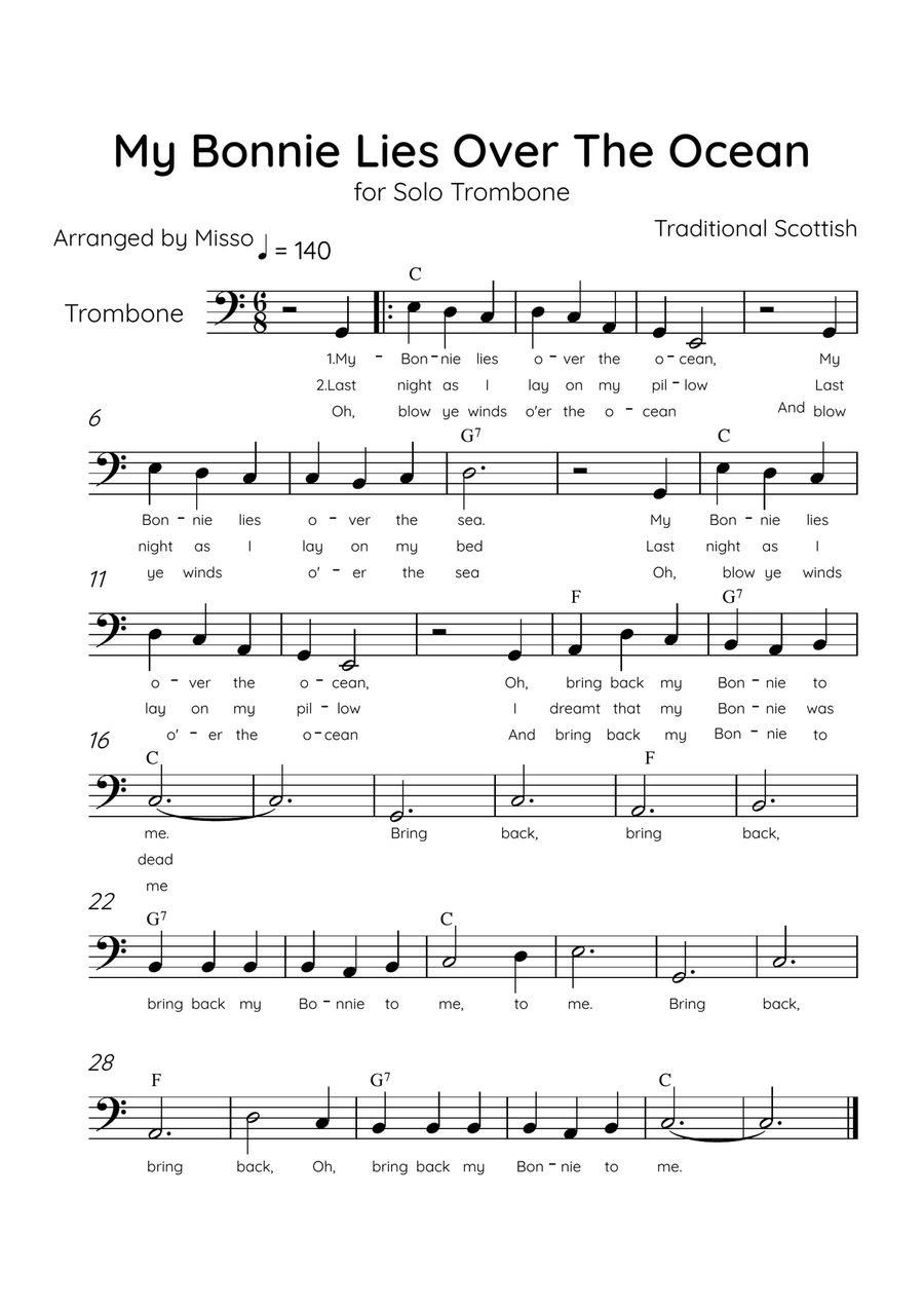 My Bonnie Lies Over The Ocean - Solo Trombone in C Major Easy With Lyrics & Chords Trombone Solo scores gallery preview page 1