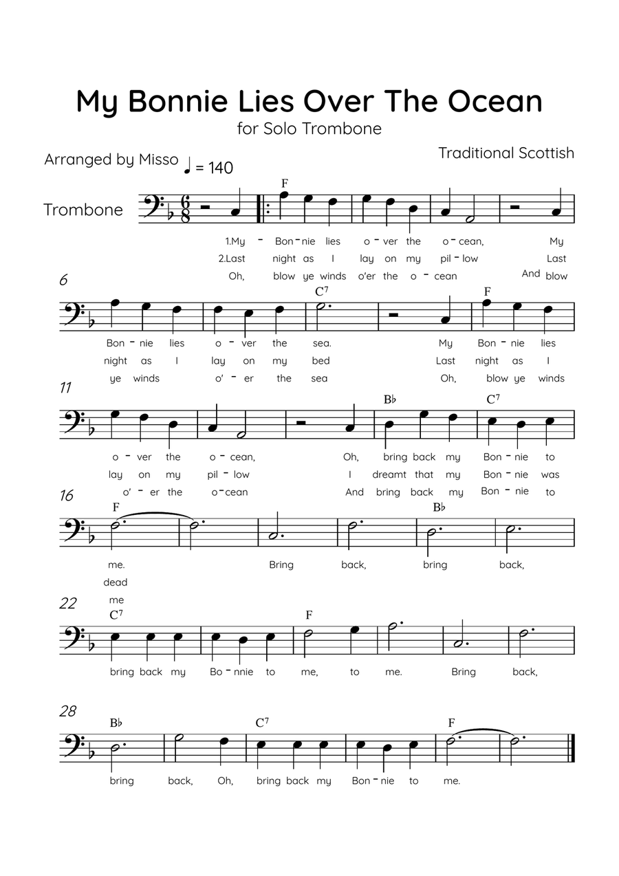 My Bonnie Lies Over The Ocean - Solo Trombone in F Major Easy With Lyrics & Chords Trombone Solo scores gallery preview page 1