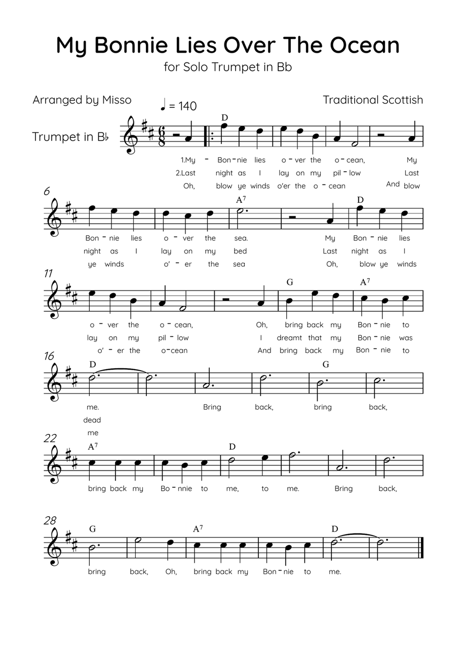 My Bonnie Lies Over The Ocean - Solo Trumpet in Bb in C Major Easy With Lyrics & Chords B-Flat Trumpet scores gallery preview page 1