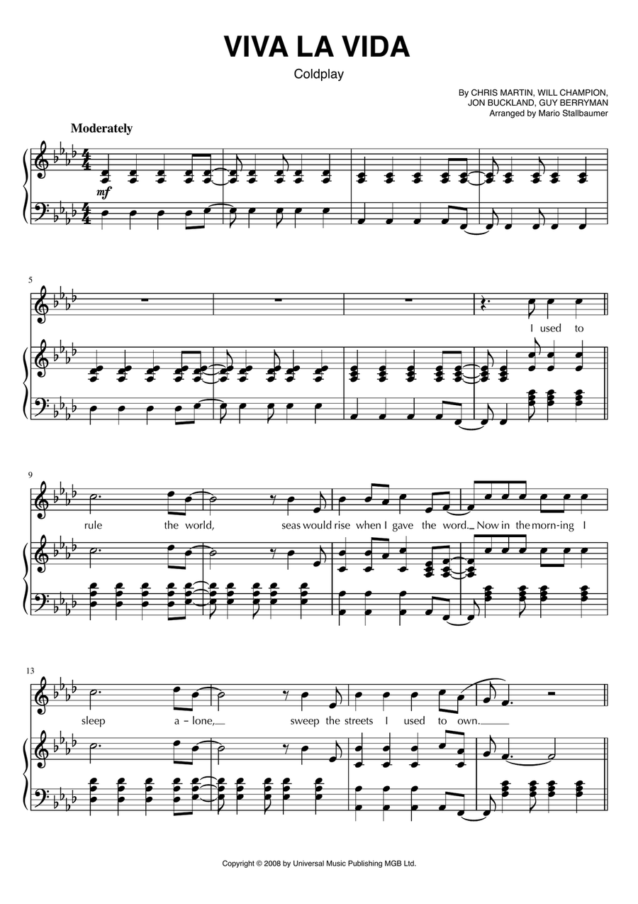 Viva La Vida Piano, Vocal scores gallery preview page 1