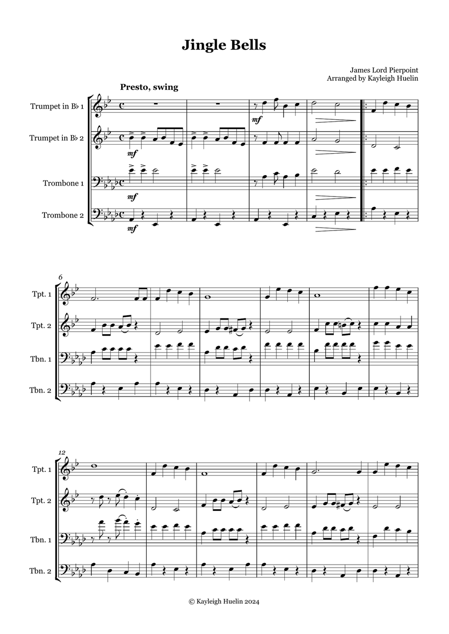 Jingle Bells - Brass quartet (2 tpt/2 tbn) Brass Quartet scores gallery preview page 1